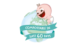 Image of baby hugging earth saying with text Compostable in just 60 Days