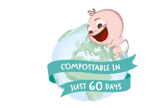 Image of baby hugging earth saying with text Compostable in just 60 Days